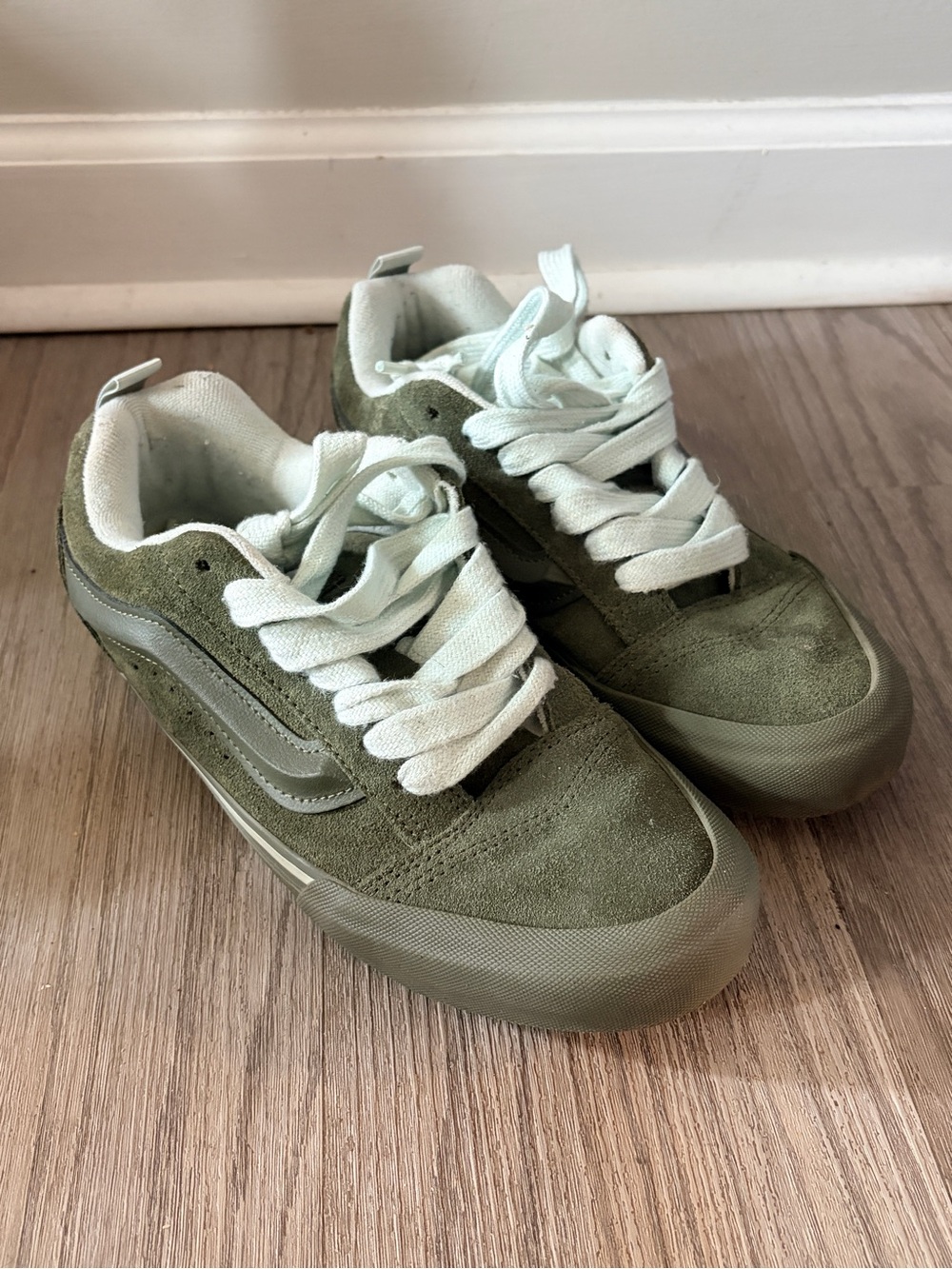 Vans Kids Olive Suede Skate Sneakers with White Laces